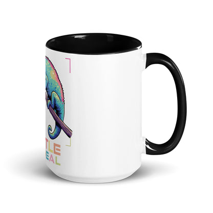 Hustle The Deal chameleon coffee mug with colorful chameleon artwork and black handle
