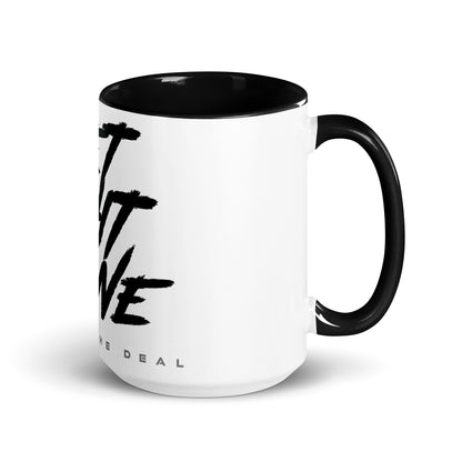 Get Shit Done white coffee mug with black rim, handle, and interior