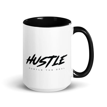 Hustle The Deal Hustle coffee mug with black rim, handle, and interior