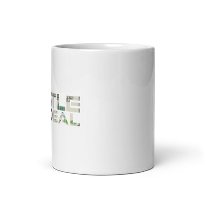 White ceramic coffee mug with Hustle The Deal money design